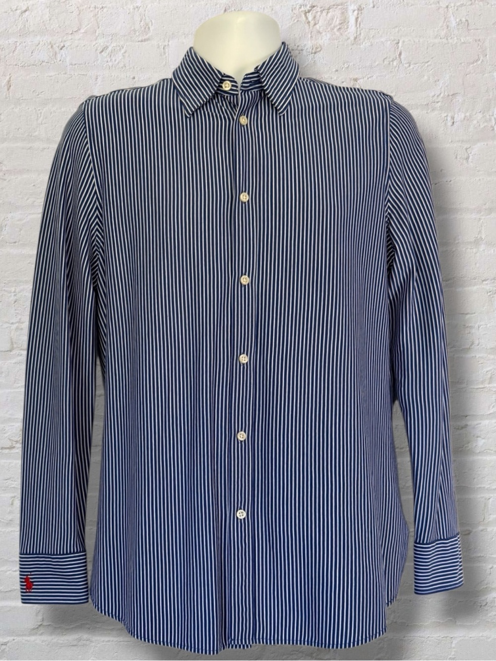 Polo Ralph Lauren Classic Fit Knit Dress Shirt Blue White Stripe Red Pony XL - Picture 6 of 14